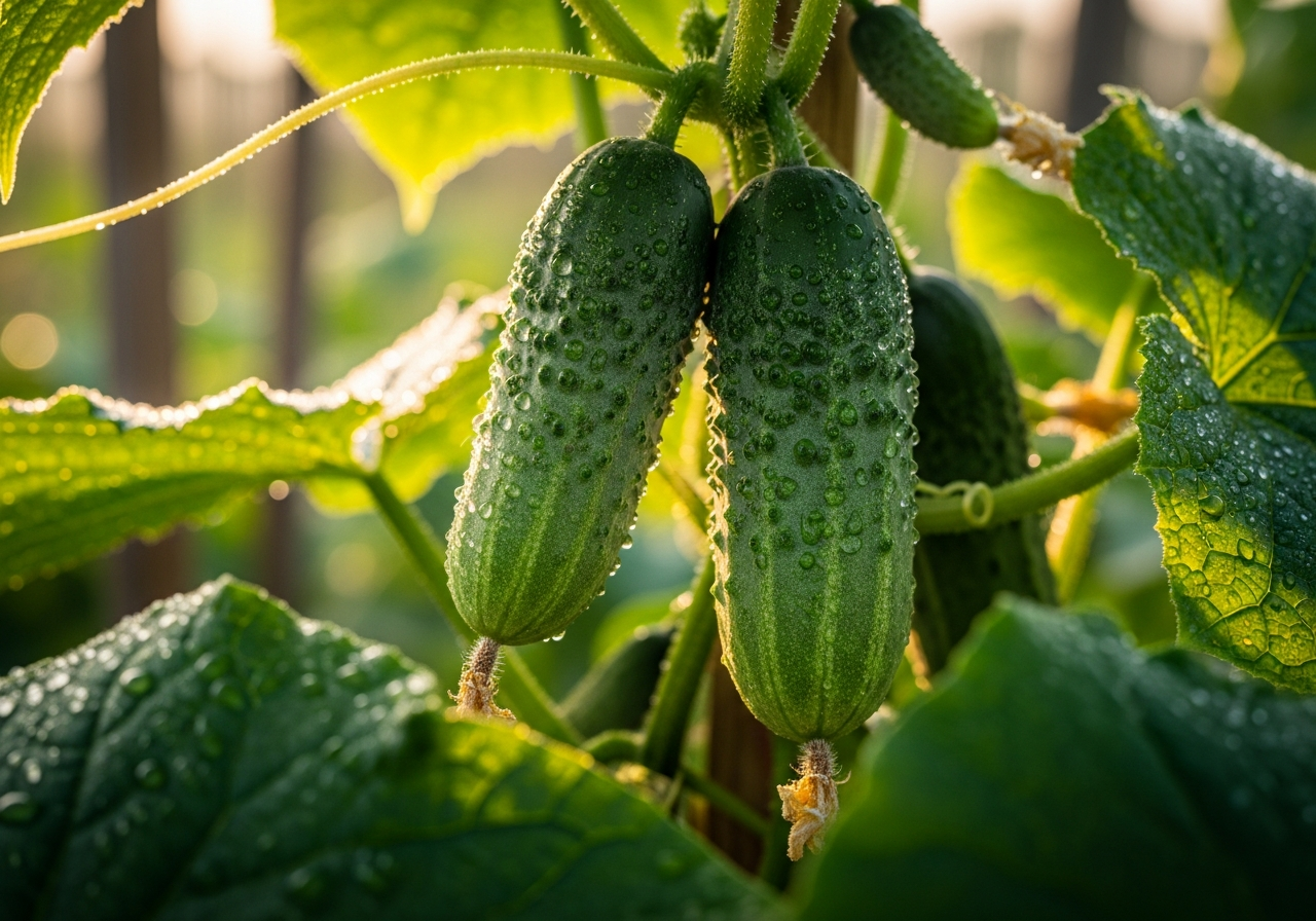 Fresh cucumbers growing on the vine in spring garden