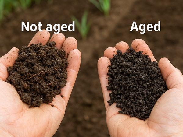 Side by side comparison of fresh worm castings and aged worm castings in two hands