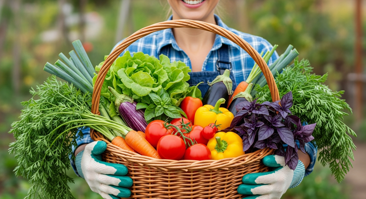 Gardener holding basket full of fresh harvest