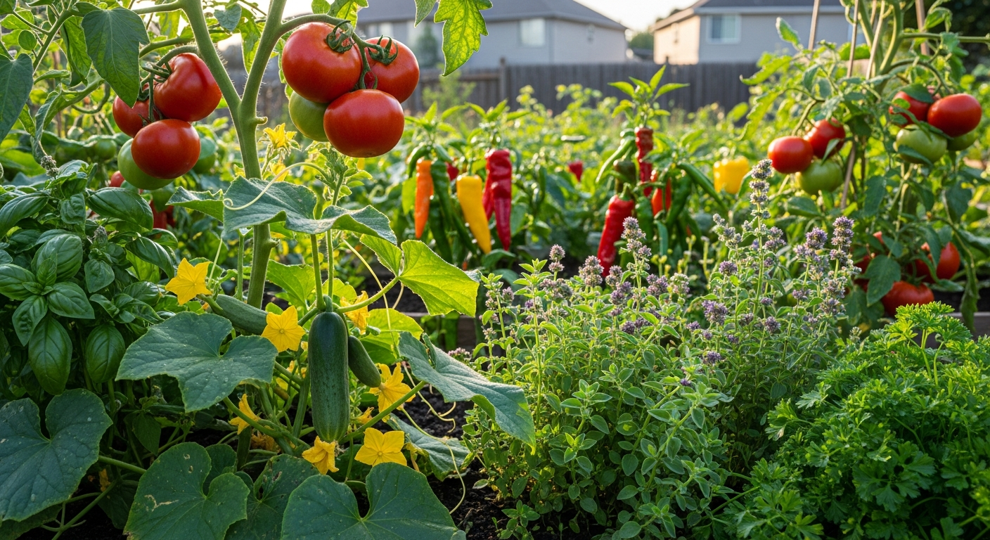 Vibrant summer garden with ripe tomatoes and vegetables
