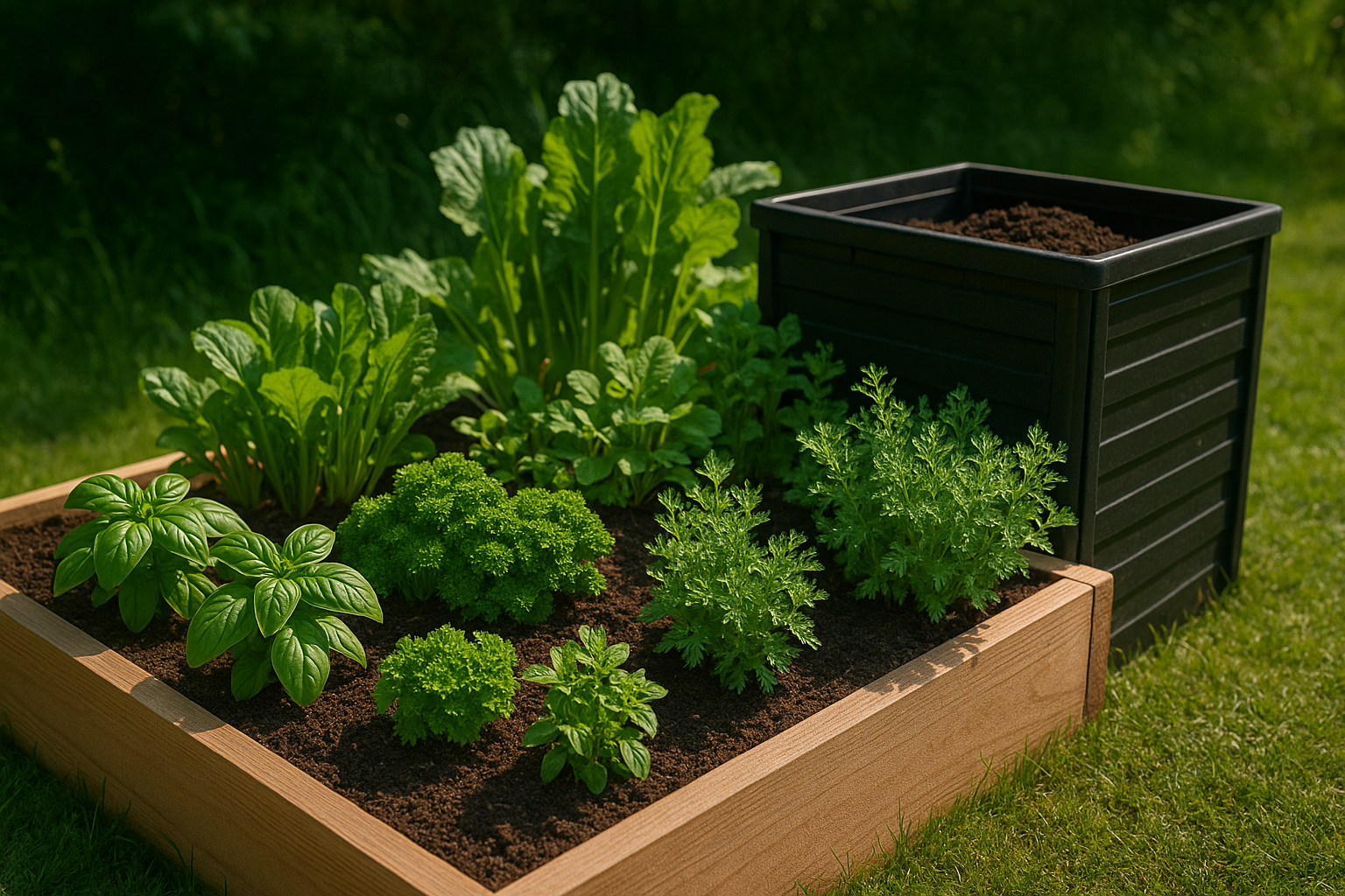 Raised garden bed with vegetables and compost bin